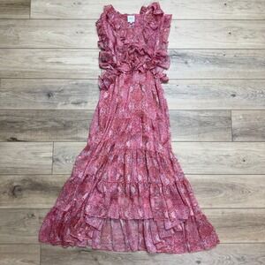 MISA Los Angeles Natasha Dress Pink Floral Ruffle Midi High-Low Coquette Large